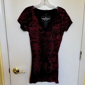 Affliction Women's Dark Red and Black Short Sleeve Tee